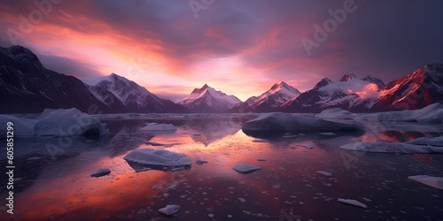 Beautiful sunset with mountains in the background and lake with glacier water in the foreground, very surreal