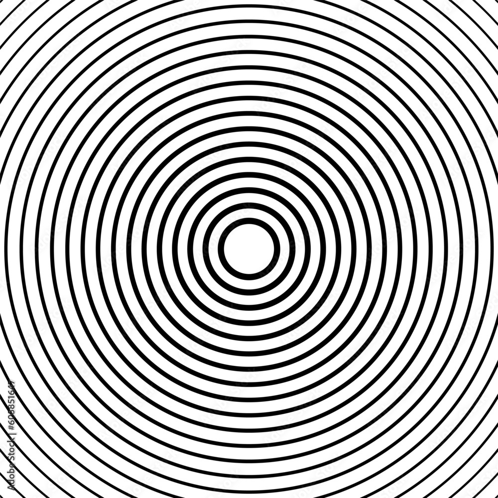 Concentric circle elements, spaced concentric circle, rings sound wave, line in a circle concept, black circular pattern. Radar screen concentric circle elements.