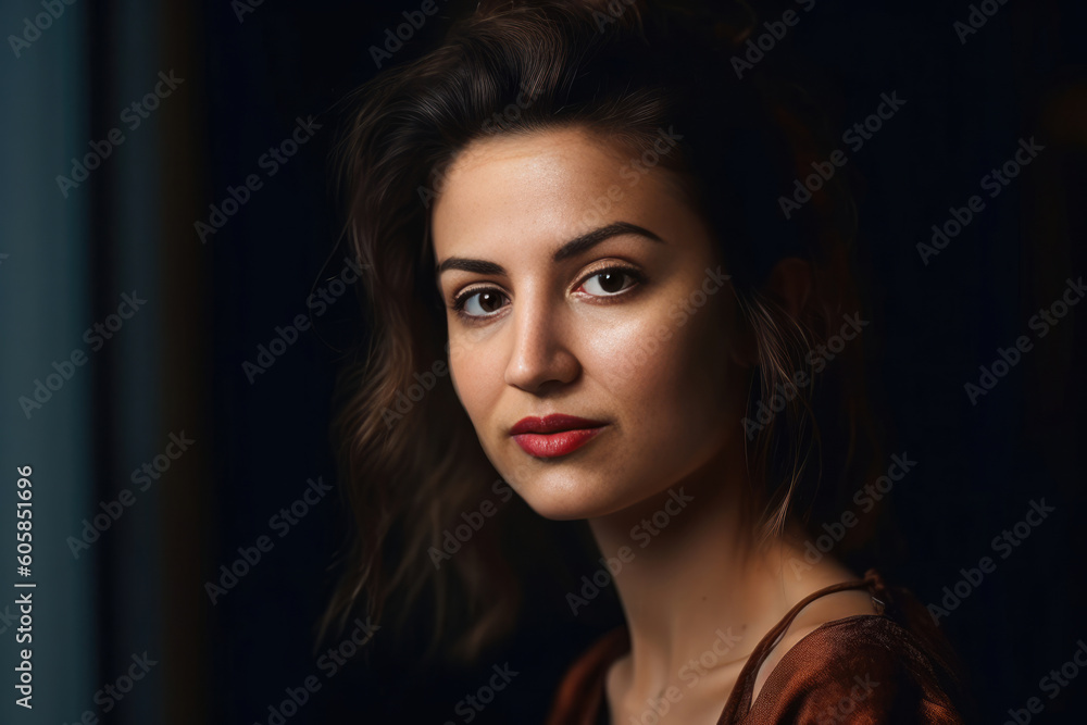 Young beautiful Turkish woman with dark hair portrait shot - made with Generative AI tools Young beautiful Turkish woman with dark hair portrait shot - made with Generative AI tools