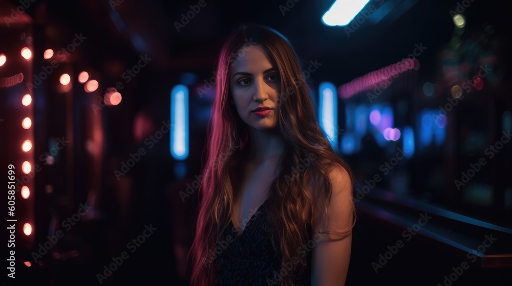 Young beautiful woman with dark hair in a club - made with Generative AI tools