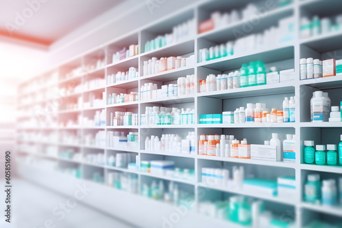 acy, pharmacy blurred abstract background with medicines and healthcare products on s