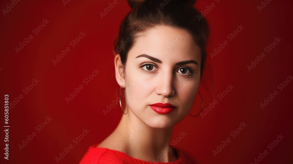 Fototapeta premium Portrait of a beautiful woman with dark hair against red background - made with Generative AI tools
