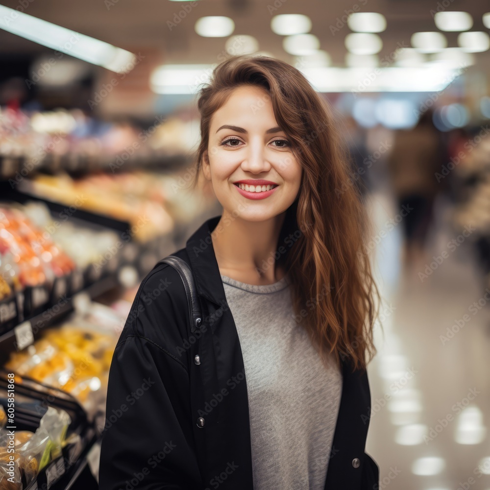 Young woman with a smiling face in a store  - made with Generative AI tools