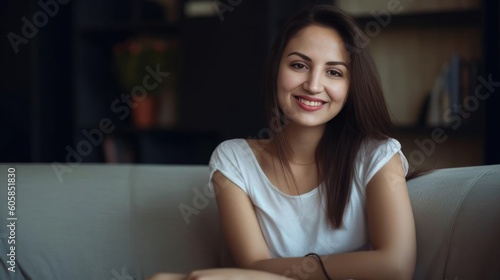 Beautiful woman smiles at the camera when sitting on the couch - made with Generative AI tools