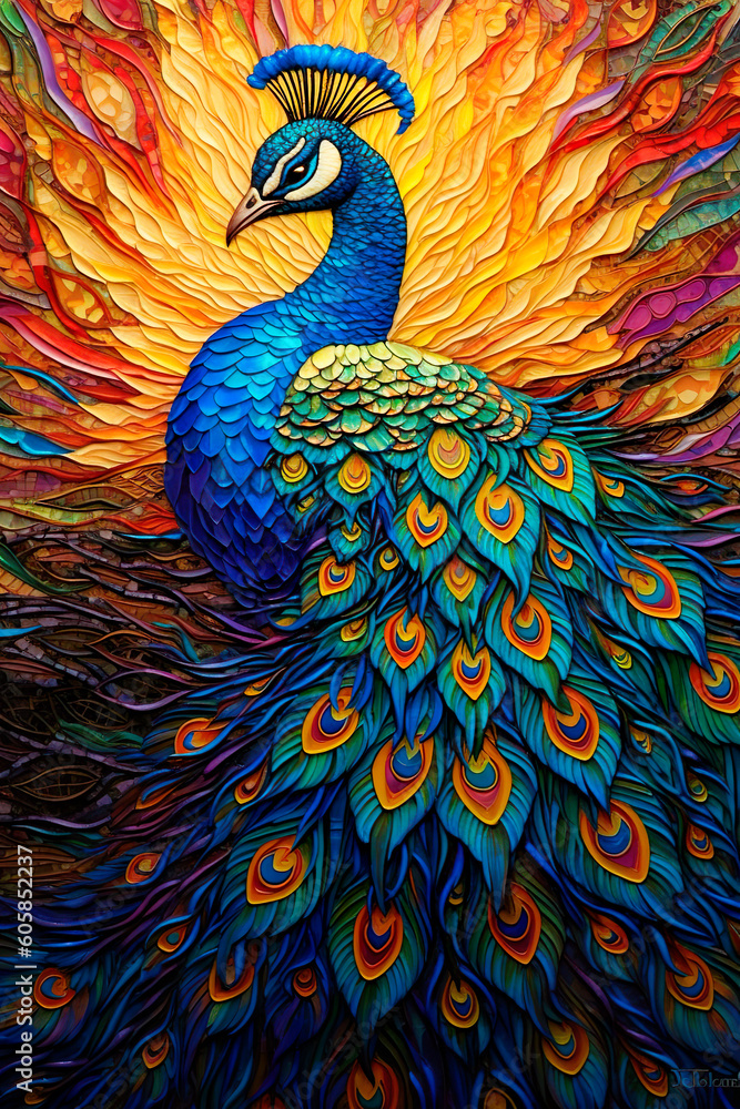 Fototapeta premium Stained glass, vibrant colors, peacock, ai generated