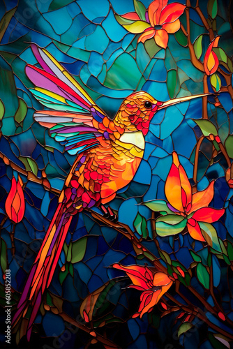 Stained glass stained glass, vibrant colors, hummingbird, ai generated, vitrage photo