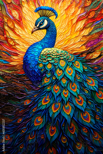 Stained glass, vibrant colors, peacock, ai generated