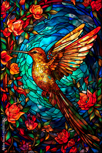 Stained glass stained glass, vibrant colors, hummingbird, ai generated, vitrage photo