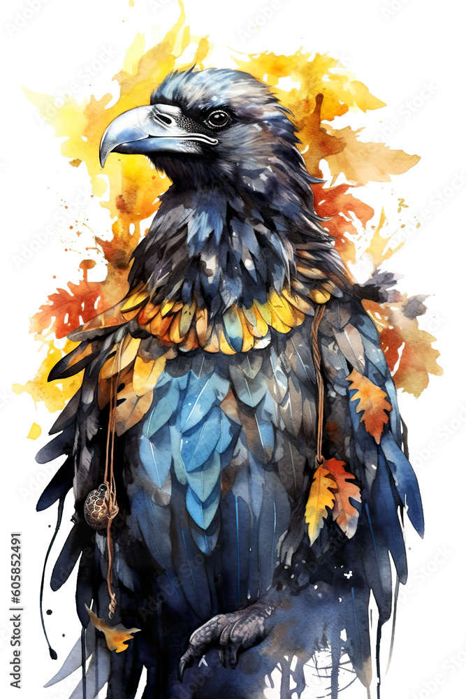 A watercolor painting of a bird with feathers. Generative AI. Tribal native american spirit illustration. A watercolor painting of a bird with feathers. Generative AI. Tribal native american spirit illustration.