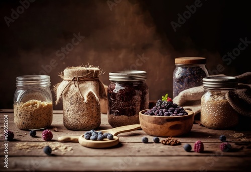 Rustic cozy kitchen with ingredients inside jars, weat created with Generative AI technology