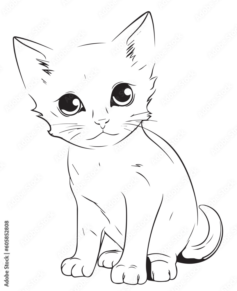 Obraz premium Cute Cartoon Cat vector Illustration, Cat Coloring page for kids and adults. Print design, t-shirt design, tattoo design, mural art, cat mascot