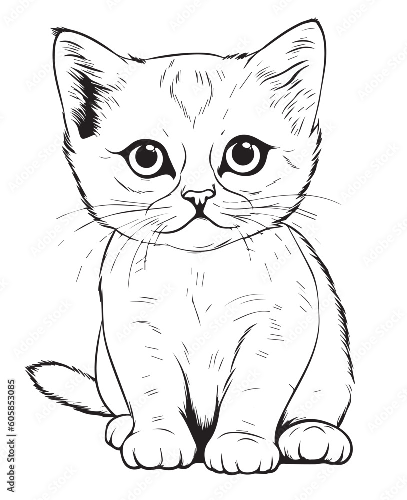 Fototapeta premium Cute Cartoon Cat vector Illustration, Cat Coloring page for kids and adults. Print design, t-shirt design, tattoo design, mural art, cat mascot