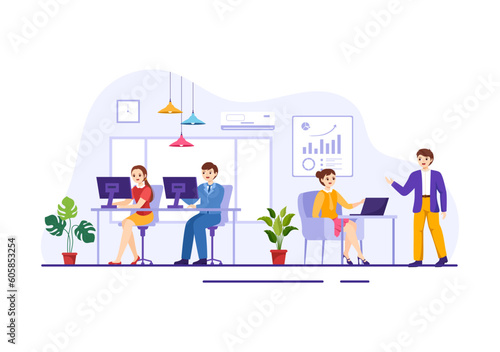 Coworking Business Vector Illustration with Colleagues Talking  Meeting and Working at the Office in Flat Cartoon Hand Drawn Landing Page Templates