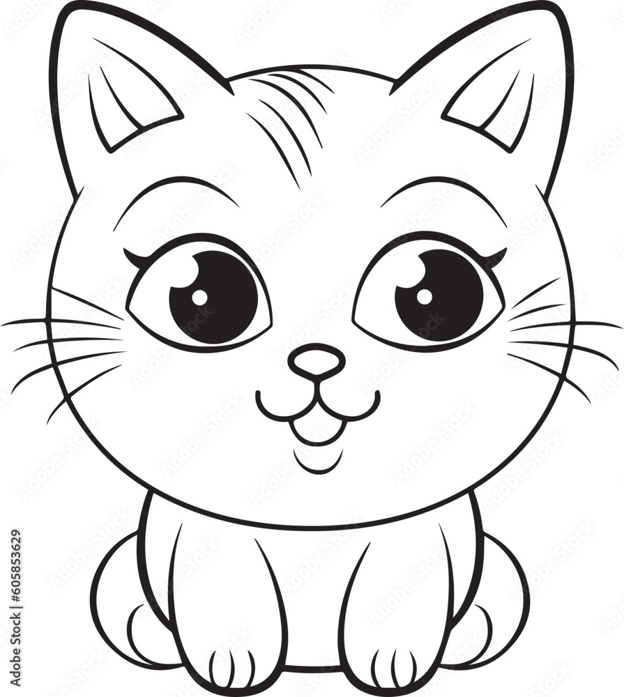 Obraz premium Cute Cartoon Cat vector Illustration, Cat Coloring page for kids and adults. Print design, t-shirt design, tattoo design, mural art, cat mascot