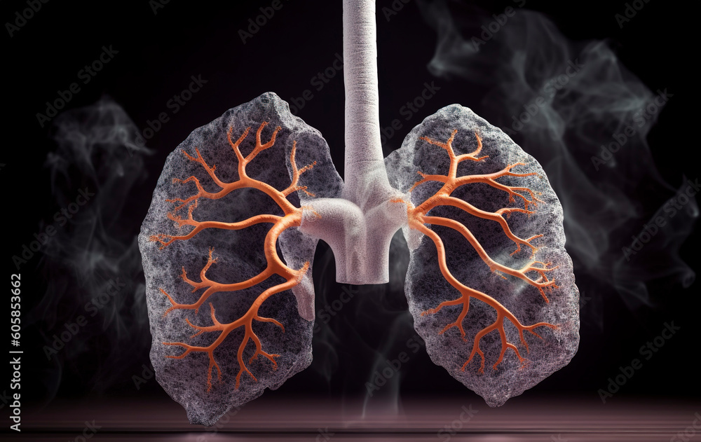 Human Lungs with smoke, Lung disease from smoking, pm 2.5 and air pollution,Human Lung model