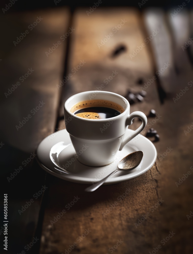 warm cup of coffee on a rustic wood table, shallow depth of field, created with Generative AI technology