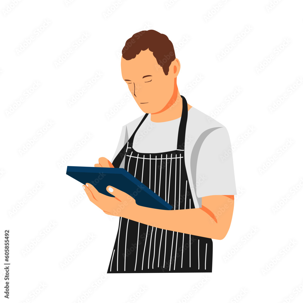 vector illustration of a barista working in a coffee shop, taking notes on a clipboard vector illustration of a barista working in a coffee shop, taking notes on a clipboard