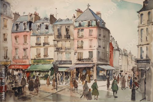 Fototapeta Naklejka Na Ścianę i Meble -  paris crowded neighborhood midcentury watercolor painting