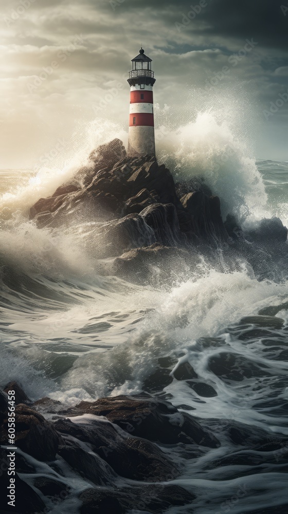 A lighthouse with waves crashing into a rocky shore during the day. Generative AI.