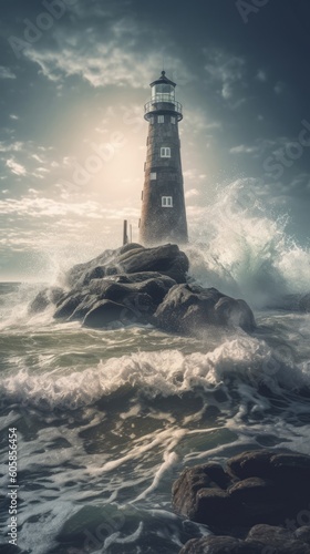 A lighthouse with waves crashing into a rocky shore during the day. Generative AI. © Elle Arden 