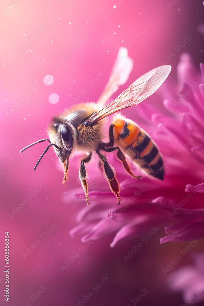 Macro of a graphic Bumble bee landing on flowers, flying towards, purple, violet, flowers, Generative AI Macro of a graphic Bumble bee landing on flowers, flying towards, purple, violet, flowers, Generative AI