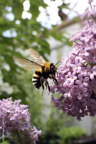 Macro of a graphic Bumble bee landing on flowers, flying towards, purple, violet, flowers, Generative AI