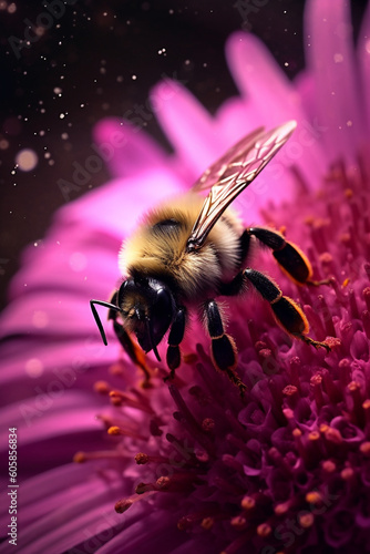 Macro of a graphic Bumble bee landing on flowers, flying towards, purple, violet, flowers, Generative AI