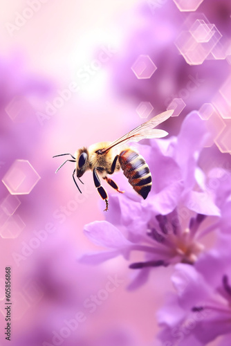 Macro of a graphic Bumble bee landing on flowers, flying towards, purple, violet, flowers, Generative AI © Happy Stock