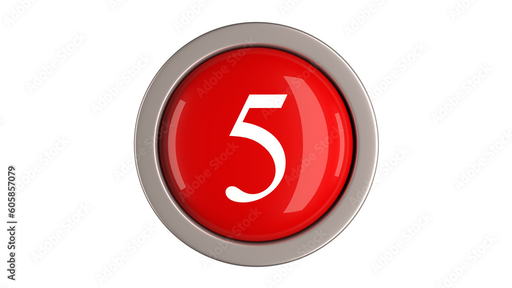 Red Button 3d with Number 5 white color on top, 3d button PNG isolated white background Red Button 3d with Number 5 white color on top, 3d button PNG isolated white background