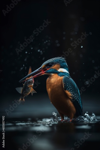 Sommon kingfisher alcedo atthis the bird holds a leaf in its beak, generate ai photo