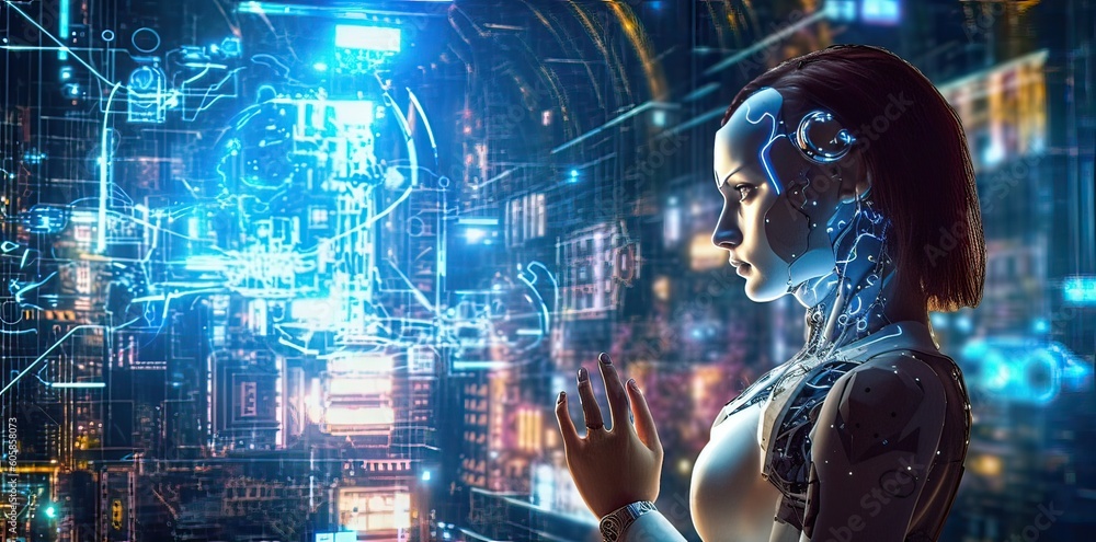 Fototapeta premium a futuristic image of a robot looking at electronic signs, in the style of gesture