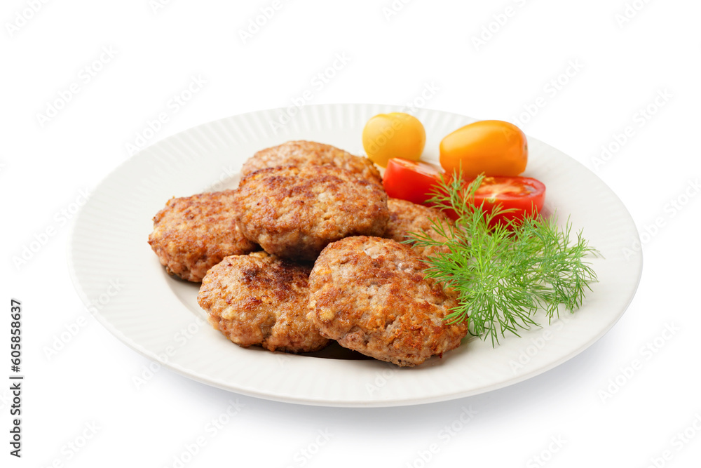 Plate with cutlets, dill and tomatoes on white background Plate with cutlets, dill and tomatoes on white background
