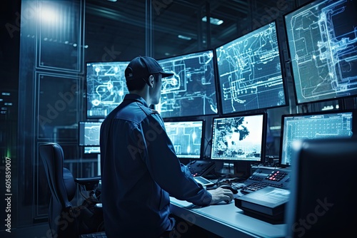 Engineer working on computer in control room. Engineering and technology concept