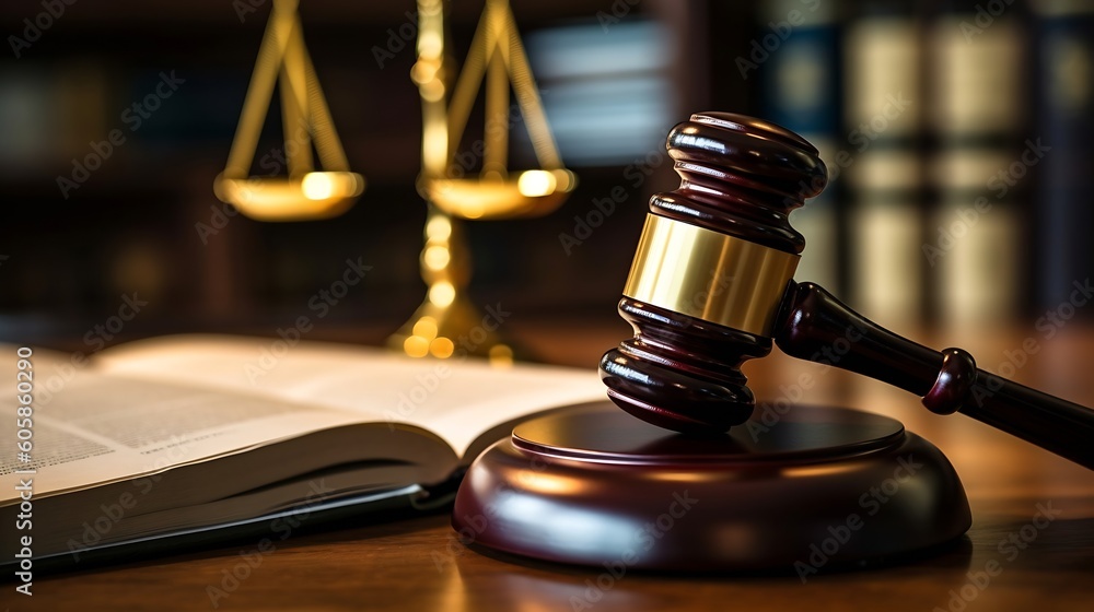 AI generated: Courtroom Justice with Judge Gavel, Scales of Justice, and Minimalist Copy Space AI generated: Courtroom Justice with Judge Gavel, Scales of Justice, and Minimalist Copy Space