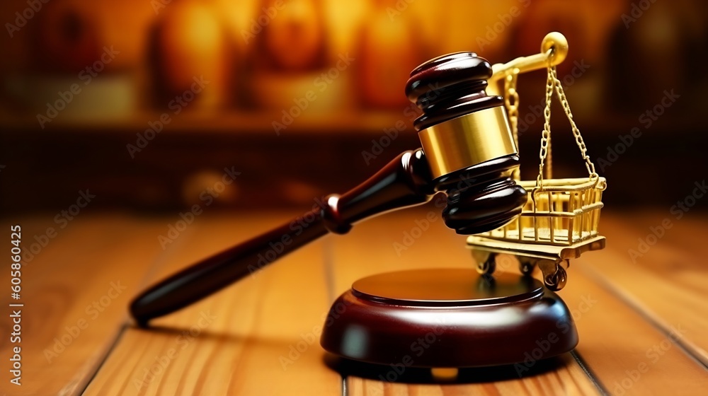 AI generated: Shopping trolley cart and hammer judge gavel on wooden table with white wall background. Consumer rights and and responsibilities to safety, customer protection, commercial law AI generated: Shopping trolley cart and hammer judge gavel on wooden table with white wall background. Consumer rights and and responsibilities to safety, customer protection, commercial law
