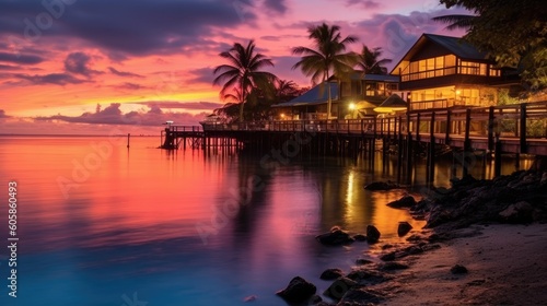 Sunset on a luxury beach resort. Tropical vacation with the ocean  boats  and hotel. Travel relaxing at the shore at dawn.