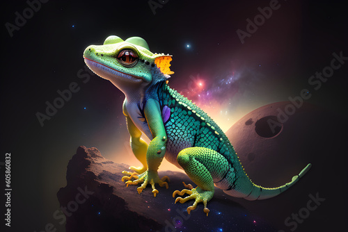 cute colorful gecko in outer space. cinematic background (AI-generated fictional illustration)