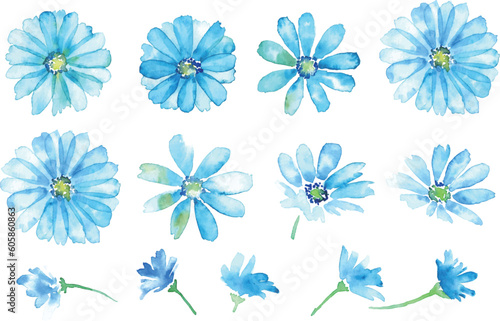水彩画。水彩タッチの青い花ベクターイラスト。爽やかな夏のフラワー背景。Watercolor painting. Blue flowers vector illustration with watercolor touch. Fresh summer flower background.