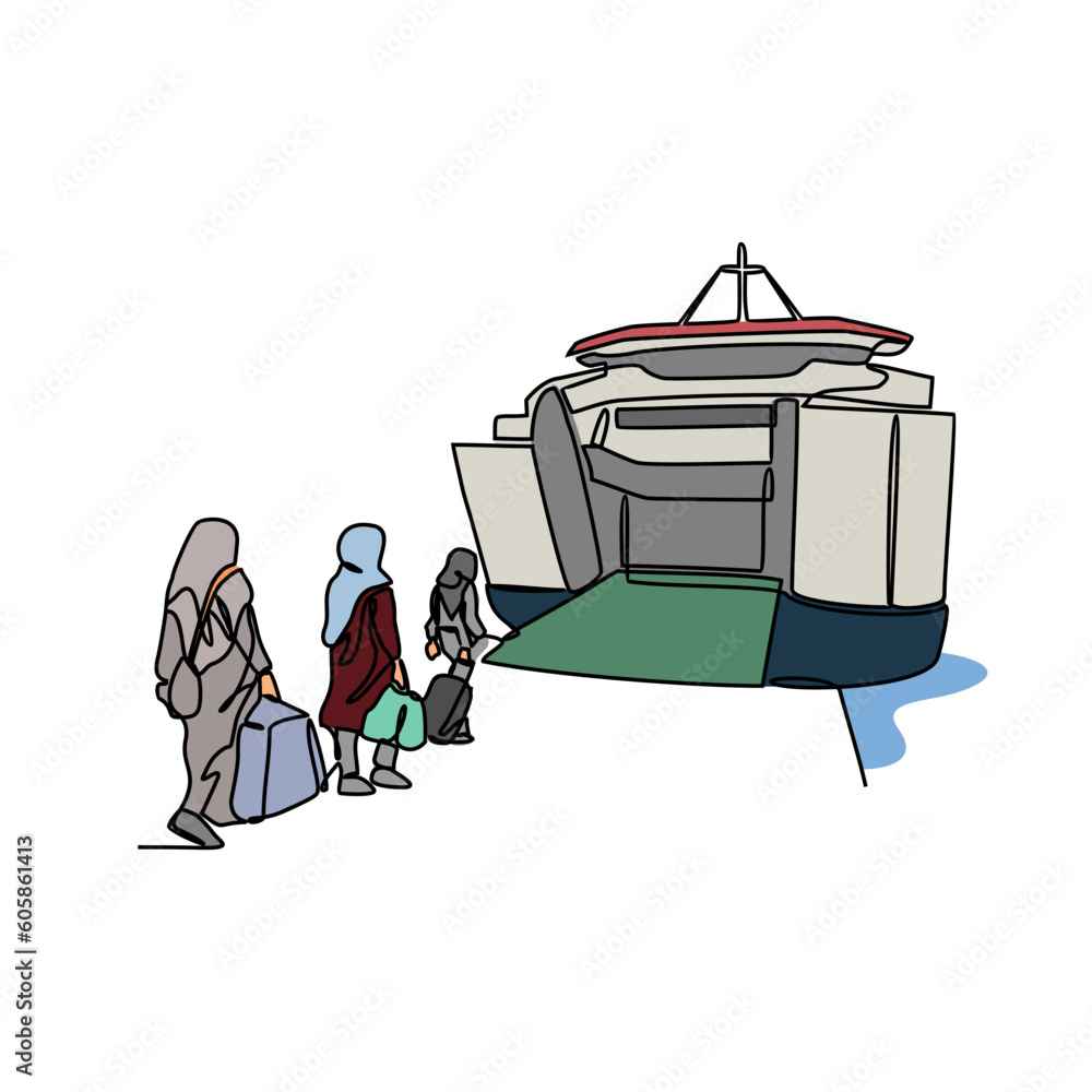One continuous line drawing of passengers enters to the ship. Sea vehicle in simple linear style. Transportation design concept vector illustration One continuous line drawing of passengers enters to the ship. Sea vehicle in simple linear style. Transportation design concept vector illustration