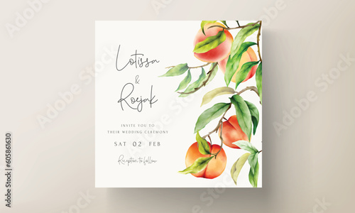 wedding invitation card with watercolor peach fruit and green leaves hand drawn