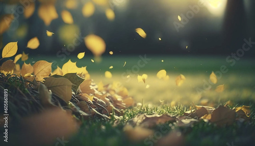 a lot of yellow leaves falling on green grass s, Generative AI.