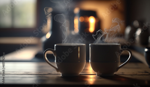 couple white coffee cups with smokes on wooden table in, Generative AI