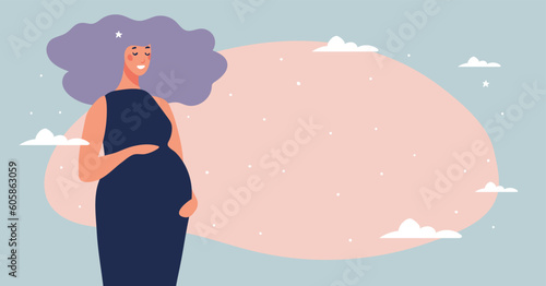 Modern illustration of pregnancy with copy space. Cute happy pregnant woman with blank background. Banner for a doctor, goods for women, preparation for childbirth. Flat cartoon vector design.