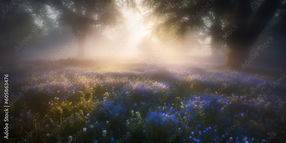 Naklejka premium Lawn in the botanical garden blooming with blue flowers in the morning mist at dawn. AI generation 
