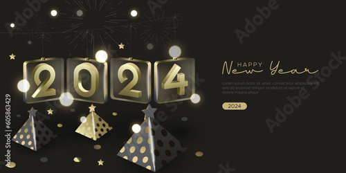 Wallpaper Mural Happy new year 2024 with 3D hanging number and christmas gift background. 2024 new year celebration template Torontodigital.ca