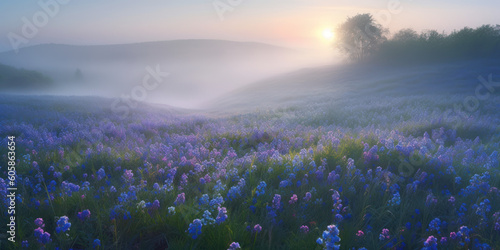 A field on a hilly area blooms with blue flowers in the morning mist at dawn. AI generation 
