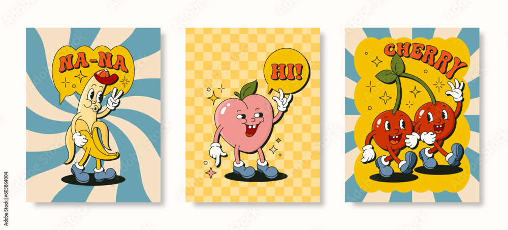 Retro Cartoon Character Fruit Poster Set. Vector Funny Comic Illustration with Banana, Cherry, Peach in Groovy Style