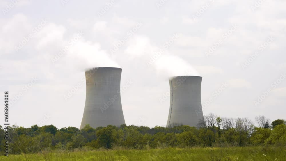 Nuclear Power Plant on a warm cloudy day with steam rising - establishing shot Nuclear Power Plant on a warm cloudy day with steam rising - establishing shot