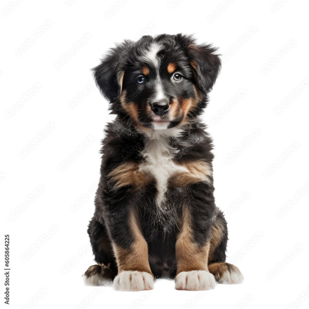 an adorable, Bernese Mountain Dog puppy, full body, sitting, happy, smiling, and healthy, Pet-themed, photorealistic illustrations in a PNG, cutout, and isolated. Generative AI