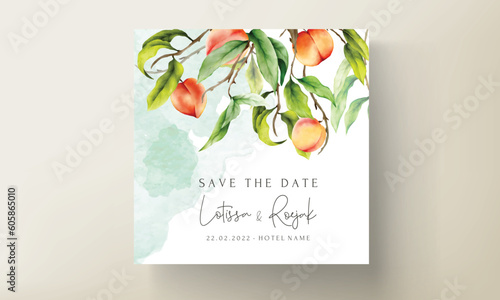 beautiful wedding invitation card with hand drawn peaches watercolor